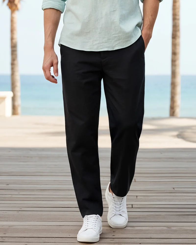 بيواكوف Men's Jet Black Cotton Linen Pants